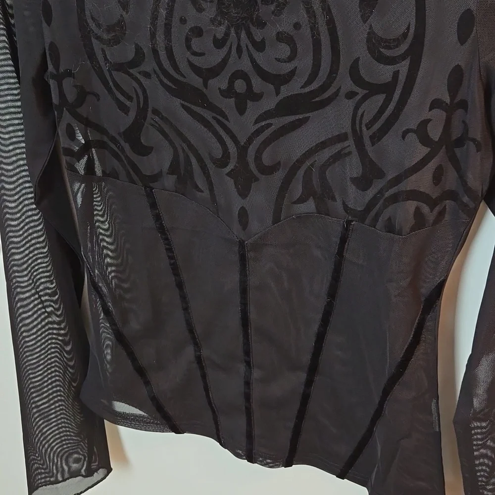 Devil Fashion Gothic Damask black sheer & velvet long sleeve top - Picture 6 of 12